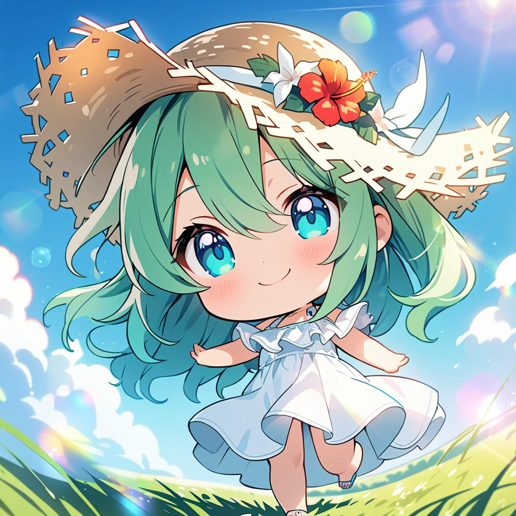 masterpiece, best quality, 4k、2D illustration, one beautiful girl, solo、(((chibi style)))、((vivid colors))、cute chibi, lovely chibi、((colorful))、((long beautiful hair)), glossy light green hair, hair between eyes, cute, beautifully detailed eyes、((white summer dress))、((straw hat))、hibiscus hair ornament, flip-flops, ((happy smile))、((full body shot))、((summer grasslands))、((gentle breeze))、((blue sky))、sunbeam, white light, ((lens flare)), ((high color saturation)),