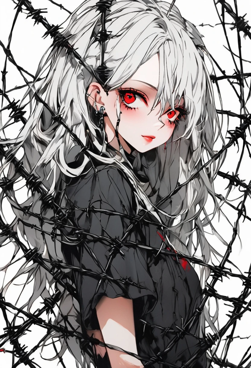 Beautiful young white-haired girl with piercing red eyes, half smile with full lips, black nails, barbed wires everywhere(coiled black barbed wires)