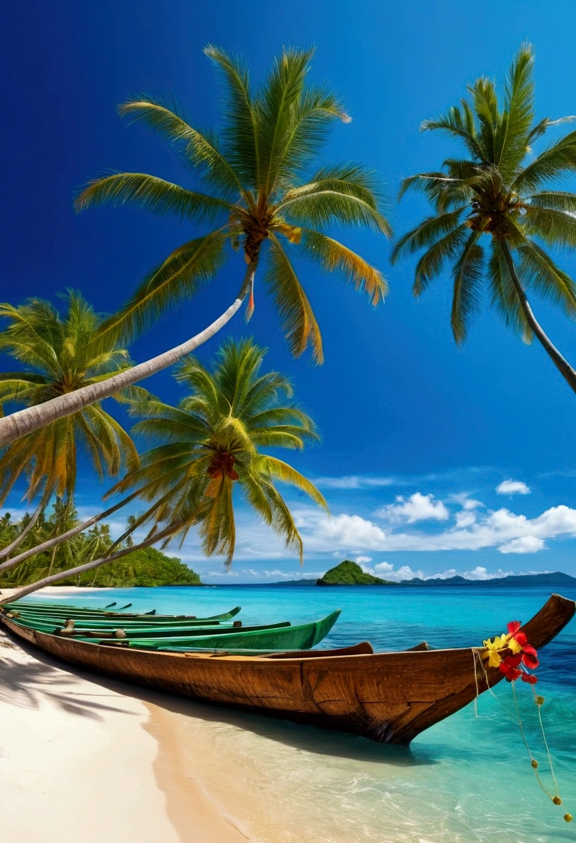 Coconut trees along the beach，sunny，blue sea，Coconut water，Hibiscus flower、Long diagram、Surfing board、Dazzling Sun、