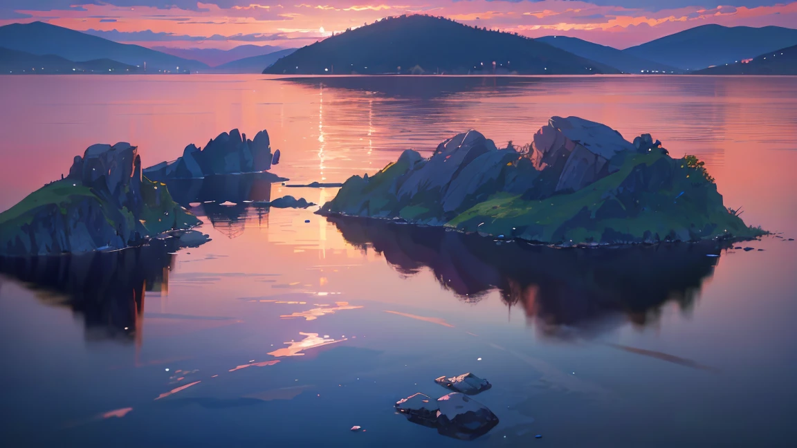 sunset, lake, meadows, sunset, pink sky, stars, clouds, 4k, stunning, sharp, intricate details, (high resolution: 1.5), saturated, rocks in water