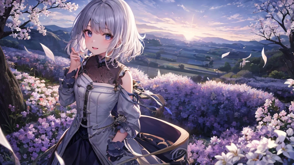 Ultra HD,Look at the viewers, Put your hands behind your back, With a girl, 20-year-old, 非常にShort Hair, Long bangs between the eyes, Pale blue eyes, Very detailed,(masterpiece、Highest quality),Gray Hair、Laughter、Fantastic, Silver Hair, Iris, Short hair、 Fluttering Hair、Small Face、明るいsmile、(Detailed face) ,Professional Lighting,Wonderful landscape,blue sky, sunlight,Looking down from above,Portraiture、Open your mouth、Flower Field、Her eyes were shining、Mysterious and enchanting atmosphere。With AI Painting、とてもShort Hair, Long bangs between the eyes, Very detailed,(masterpiece、Highest quality)、alone、Gray Hair、Fantasy, Silver Hair, Fantasyな風景、smile、Open your mouth、short hair、Short Hair、hairpin、black eye、Grey Eyes、Beautiful Eyes、Black Shirt、White hoodie