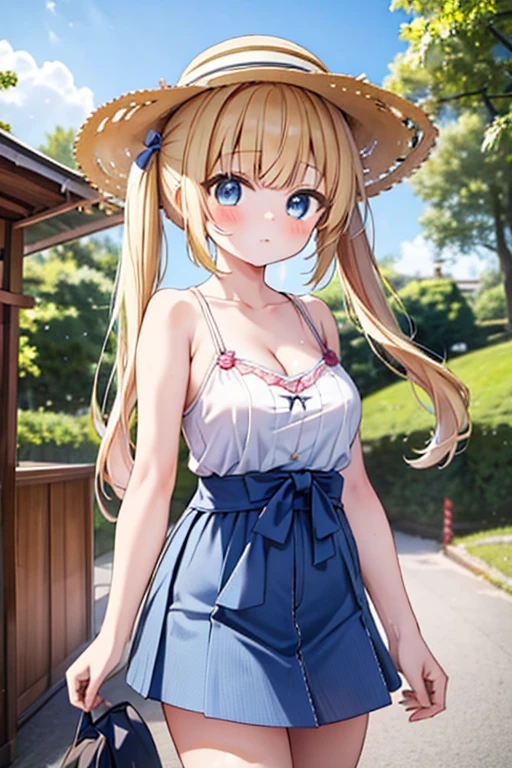 Highest quality,masterpiece,8k,Blonde with blue eyes、camisole、A very short mini skirt,Cleavage,Side view,Large Breasts、Twin tails、cute eyes,Sun Hat(sun hat),Japanese Festivals,stall,evening,