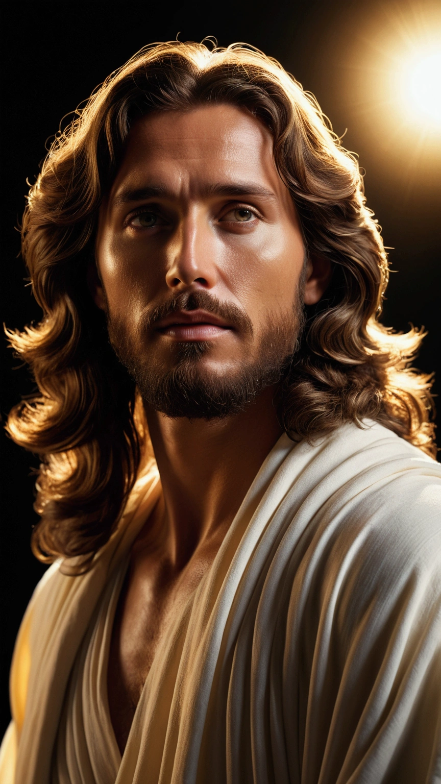 A captivating cinematic-style photograph of Against an absolute black background, the figure of Jesus stands out, embracing a man with tenderness and compassion. Jesus, with wavy hair and a soft beard, exudes a divine aura, a soft and intense light that seems to emanate from his entire being, outlining his silhouette and that of the man he embraces. The divine light, with shades of white and gold, contrasts vividly with the surrounding darkness, creating a halo that softly illuminates their faces. The man, with an expression of relief and gratitude, is enveloped in the arms of Jesus, whose simple white clothing shines with the same celestial light, highlighting the purity and serenity of the moment. .The image is bathed in a soft, golden light, creating a dramatic and moving atmosphere., photographic, cinematic, intricate details, perfect eyes, perfect skin, perfect face, 4k photorealistic, realistic image, dynamic lighting, hyper-detailed, ultra -realistic, realistic textures