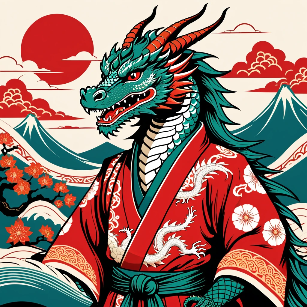 hungarian dragon in japanese folk outfit, vector graphics, strong contours
