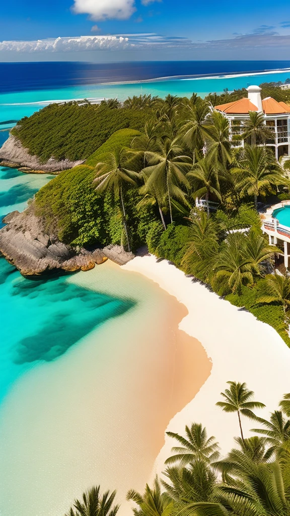 From a bird's-eye view, describe the scene from the balcony of a modern, luxurious resort hotel in a tropical paradise. The stunning emerald green sea stretches out before you, and the sleek, contemporary deck furniture on the balcony adds a touch of sophistication. Surrounding the resort are other luxurious, modern hotels, contributing to the upscale atmosphere. The clear blue sky and bright, shining sun cast a golden glow over the landscape. The calm waves below are visible, creating a serene and picturesque scene. The palm trees sway gently in the breeze, and the soothing sound of waves can be heard. In this peaceful ambiance, you can smell the distinct tropical fragrance and feel the warmth of the day. Describe this scene in vivid detail, capturing the ultra-high-resolution, photo-like quality of the moment from an aerial perspective.