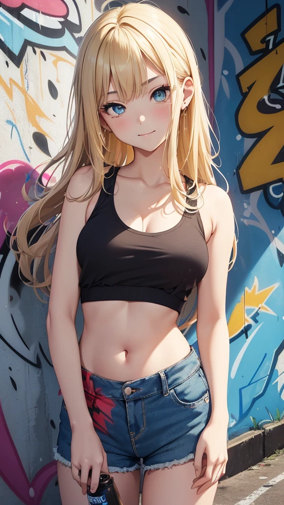 最high quality、best image quality、masterpiece、teenage girl((16-year-old、 By becoming、vest bust、medium bust,wide open breast tea、blue eye, blonde hair、habitual hair、long hair、thin,highest valley、belly button black tank top、blue shorts、Holding a spray can、smug face、leaning forward)),high quality、beautiful art、background((bright town、wall、graffiti、paint))debris flies、Depth of written boundary、movie、visual art、perfect art、8K,genuine