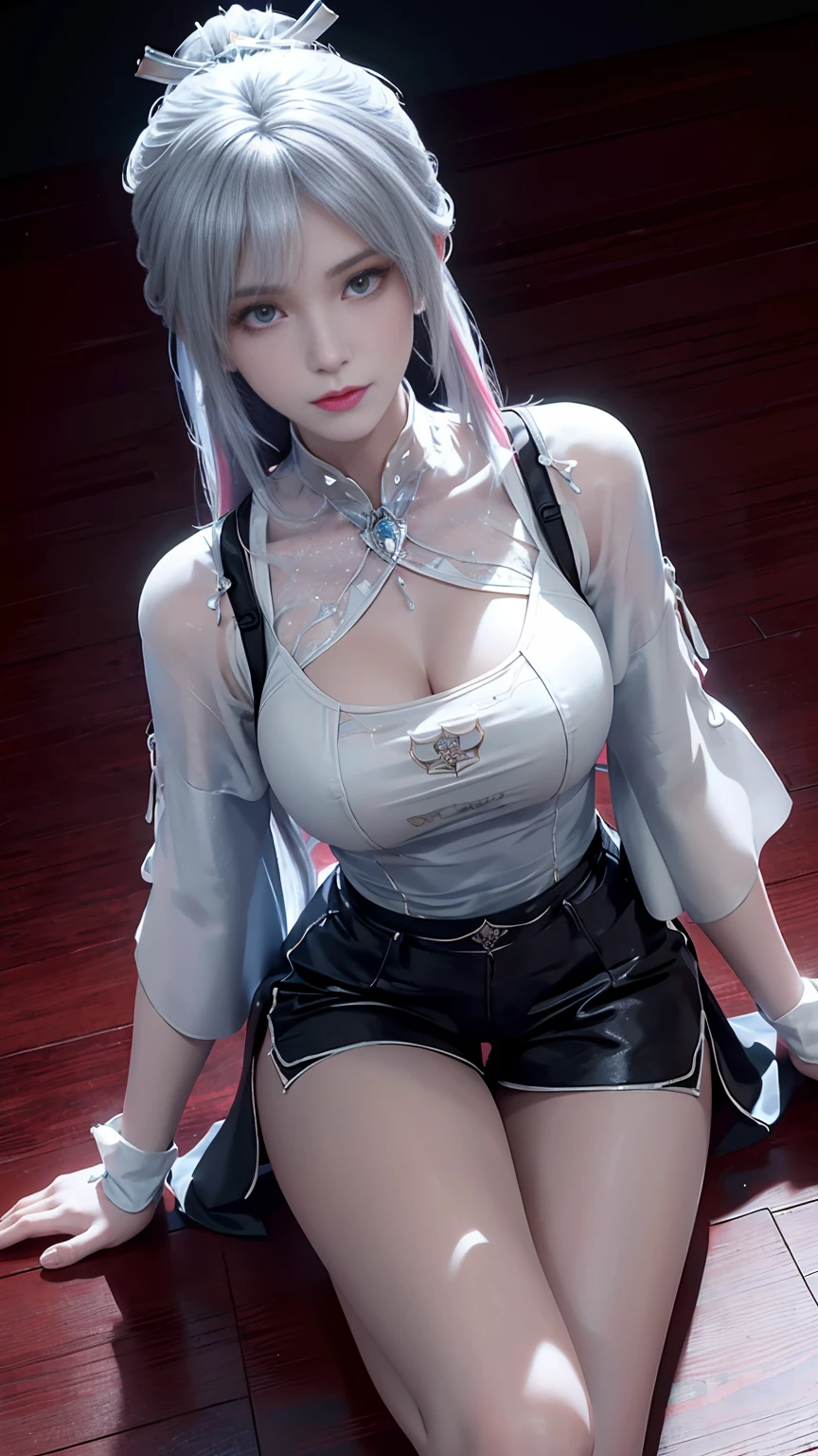 a black hair、Close-up of Miss wearing white mask, Beautiful character painting, Gu Weiss, Gurwitz-style artwork, White-haired god, author：Yang Jie, Epic and beautiful character art, Stunning character art, author：Fan Qi, by Wuzhun Shifan, pixiv Art Street Guviz, Single ponytail, insult, High Ponytail, Tall and big, Long legs, (Sleeveless lace shirt), (shorts), (Striped )), ((Striped )), Walk, elegant, dignified, Miss, Beautiful curves, sweet smile, Strong sense of detail and layering, colour丰富绚丽, Has a unique texture, rich and colourful, colour, vivid, Design Art, 16K, Very detailed, {{illustration}}, {Extremely refined}, {Exquisite surface treatment}, Very detailed, Delicate and shining eyes, {{Light}}, Ultimate light effect, model: Realism, CFG size: 12, Laura: Bright texture (1.35), high quality, masterpiece, Exquisite facial features, Delicate hair depiction, Detailed depiction of the eyes, masterpiece, best quality, Light line tracing, Extremely detailed CG unified 8k wallpaper, masterpiece, best quality,photography, (1 girl), Perfect Miss Body, (((Skinny white T-shirt))), beautiful eyes, (Delicate face), Black short hair, Tie your hair up, Light blue hairpin, Black silk frame glasses, in class, (White skin), (Optimal Lighting), (Super intricate details), 4K Unified, (Very detailed CG), Showing off her white legs, , Hot Pants, shorts,Sexy Long Legs, Thin waist, Sweat is running down my waist, Showing belly, Extremely detailed depiction, Pink Hair, Asymmetrical bangs, Transparent clothes, Hands on thighs, Move your eyes away, 8k resolution, Raise an eyebrow, Shiny hair, flower head, Wristband, bandage，Leather sexy pose, simple grey background, Crawl to the audience, Kitten pose, Get on all fours,