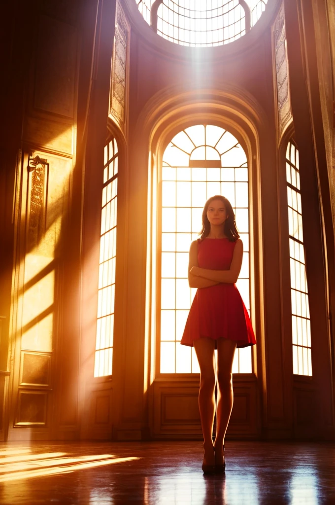 A brunette young girl, wearing short red dress, standing in middle of a big room, sunlight streaming from a round window