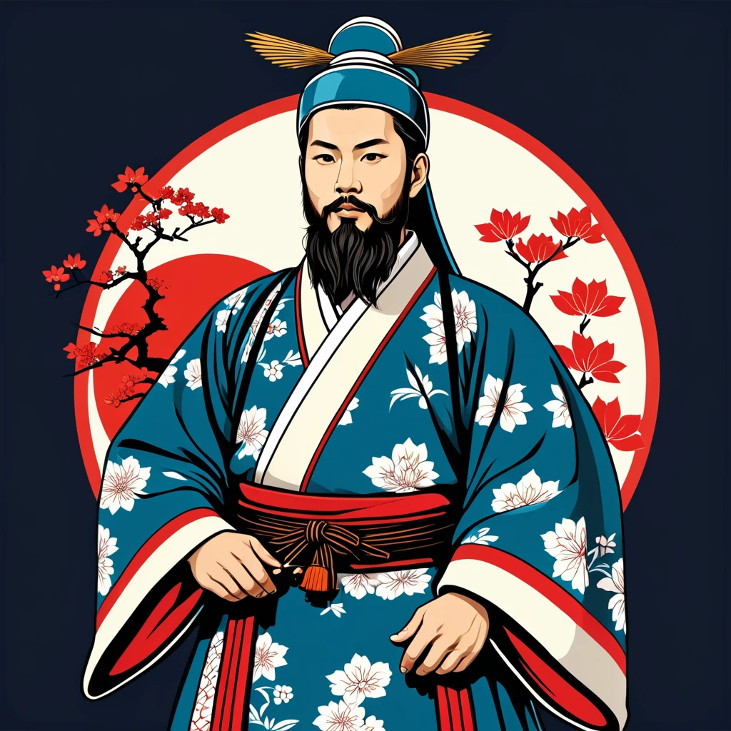 hungarian cleric in japanese folk outfit, vector graphics, strong contours