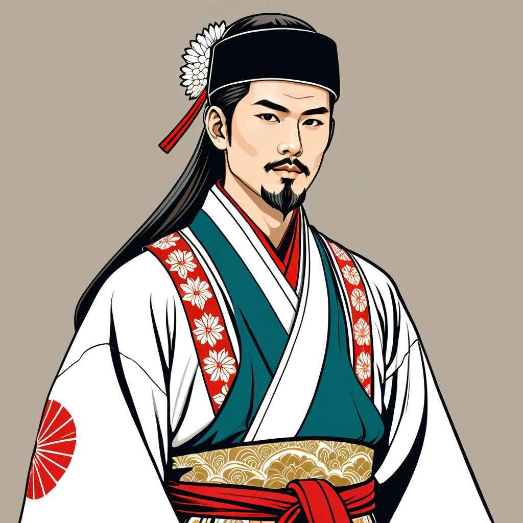 hungarian cleric in japanese folk outfit, vector graphics, strong contours
