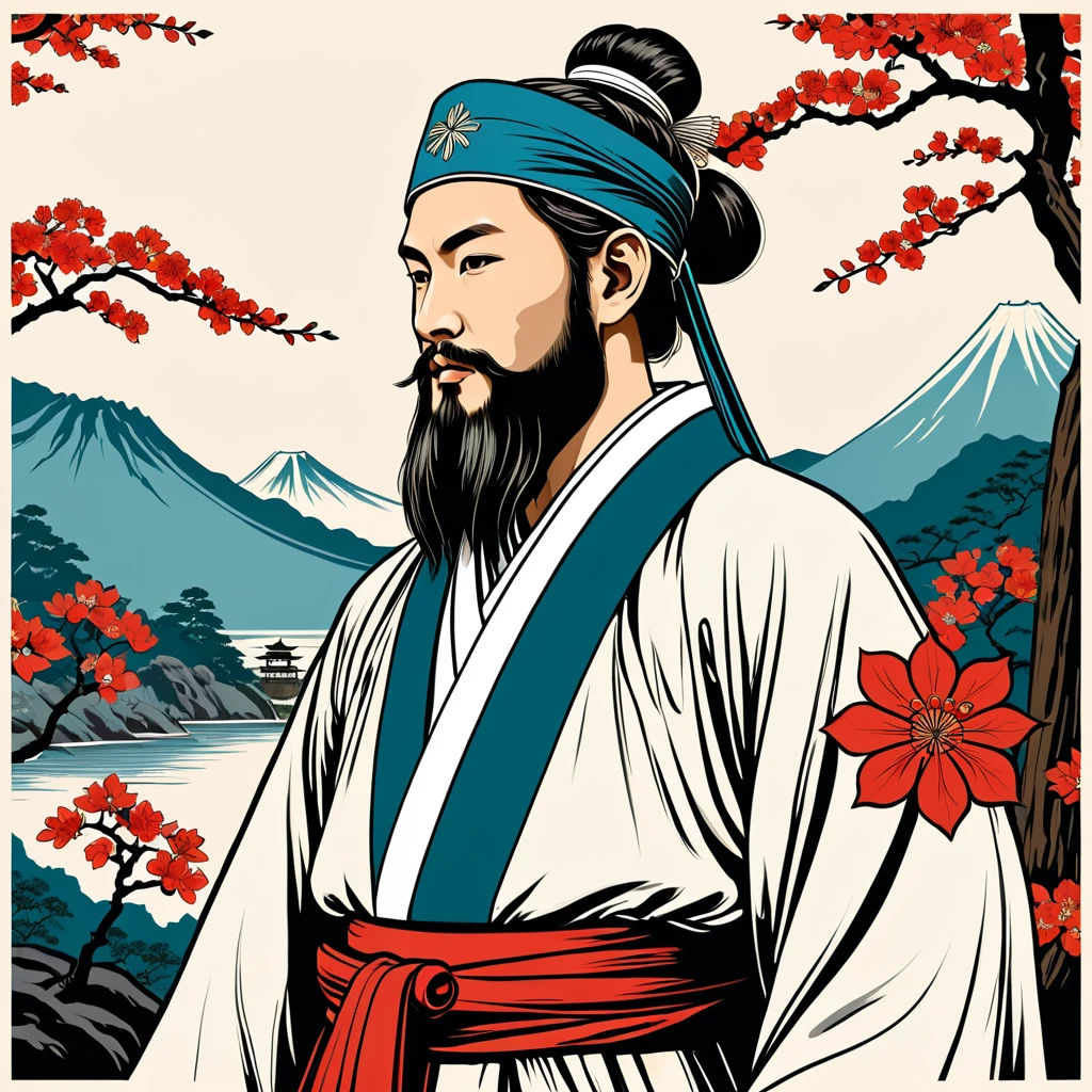 hungarian cleric in japanese folk outfit, vector graphics, strong contours
