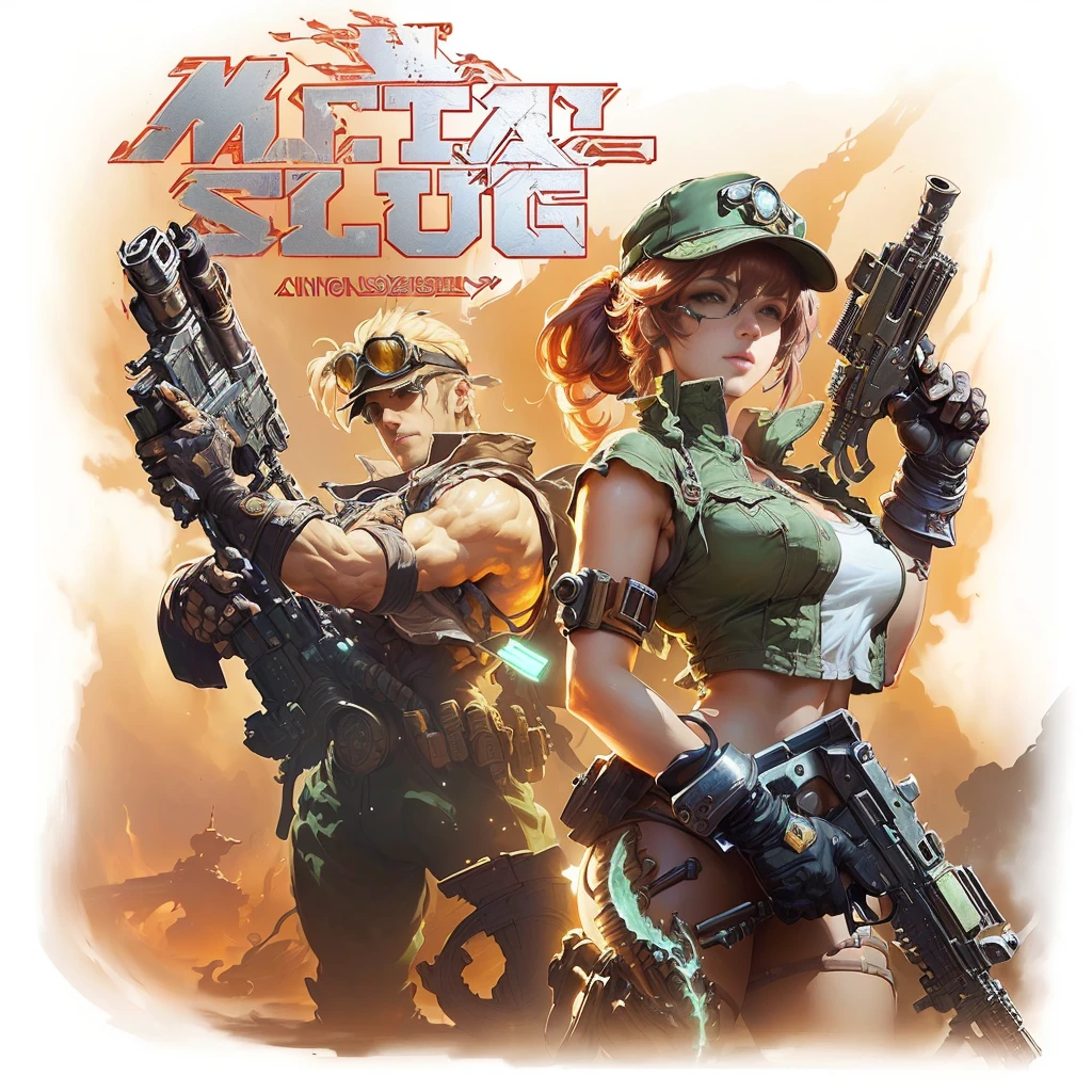 masterpiece, best quality, (extremely detailed CG unity 8k wallpaper), (best quality), (best illustration), (best shadow), absurdres, realistic lighting, (Abyss), beautiful detailed glow, art by PeterMohrBacher, Metal Slug characters, Marcos, Fio