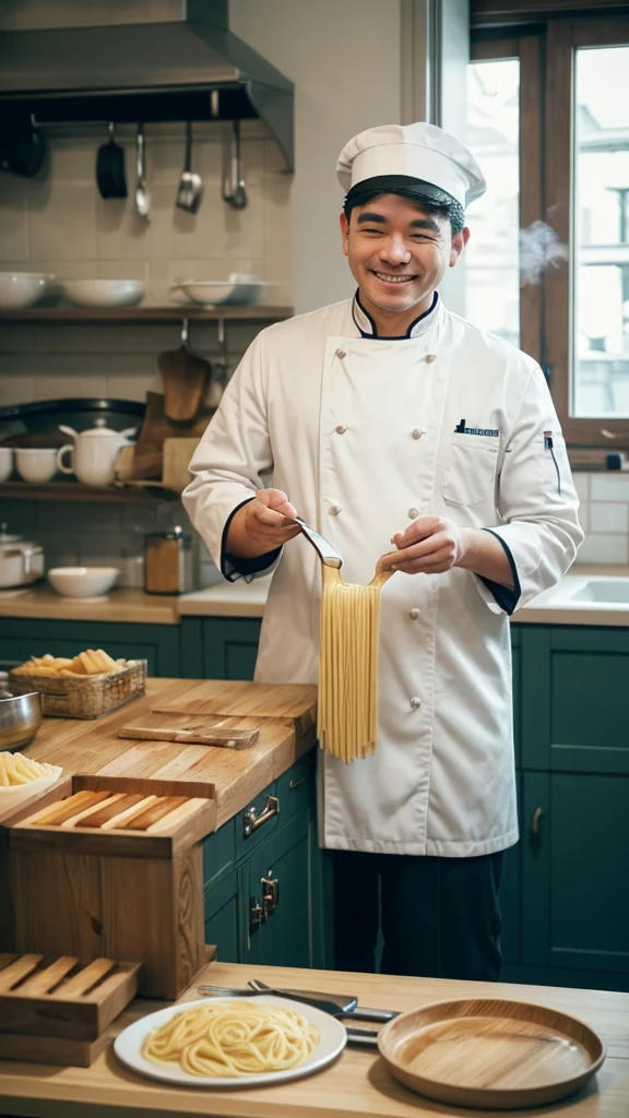 In the bright kitchen、Image of a chef preparing a delicious looking pasta dish。The chef is wearing a white coat and hat.、Smiling and enjoying cooking。The kitchen is stocked with fresh ingredients.、Steam is rising from the pot of pasta。In the background, wooden shelves and cooking utensils are neatly lined up.。