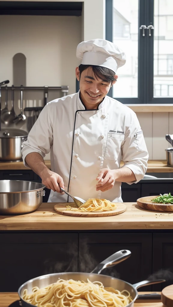 In the bright kitchen、Image of a chef preparing a delicious looking pasta dish。The chef is wearing a white coat and hat.、Smiling and enjoying cooking。The kitchen is stocked with fresh ingredients.、Steam is rising from the pot of pasta。In the background, wooden shelves and cooking utensils are neatly lined up.。