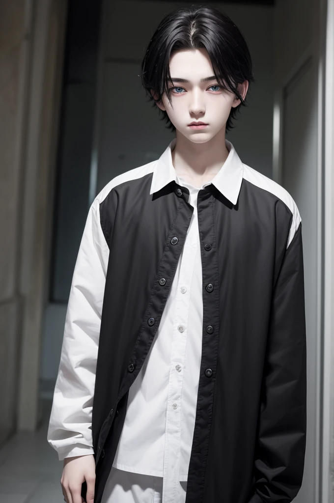 18 year old boy, black hair, pale skin, intense and mysterious amber eyes,
