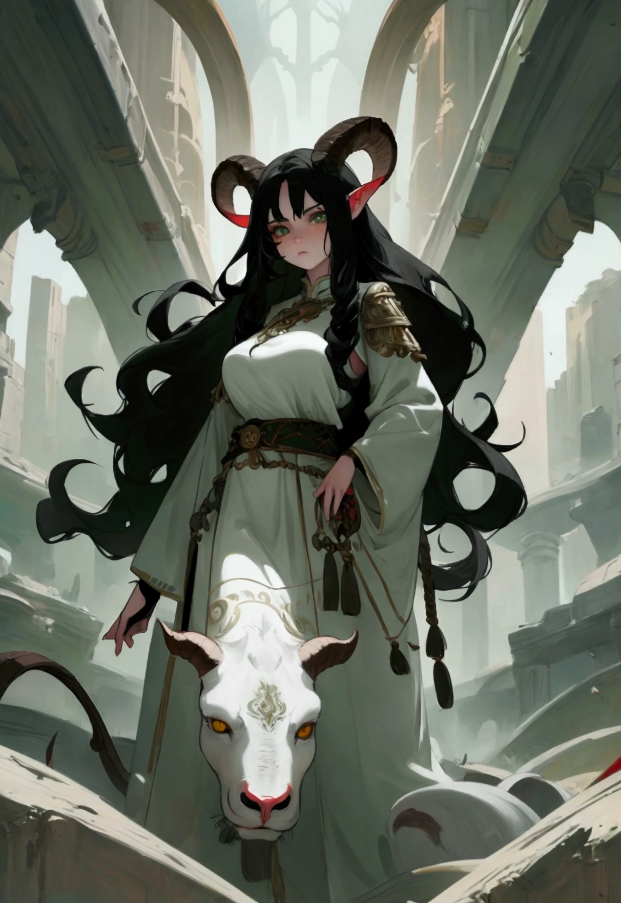 Absurd resolution, high resolution, (Artwork: 1.4), ultra-detailed, concept art, Female warrior character, with long black hair, green eyes, pale skin, with huge, curved horns like a ram, coming out of her temples and curling back, with his entire body