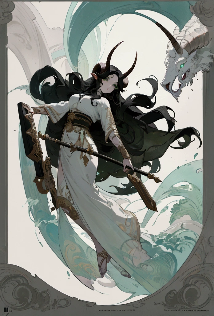 Absurd resolution, high resolution, (Artwork: 1.4), ultra-detailed, concept art, Female warrior character, with long black hair, green eyes, pale skin, with huge, curved horns like a ram, coming out of her temples and curling back, with his entire body