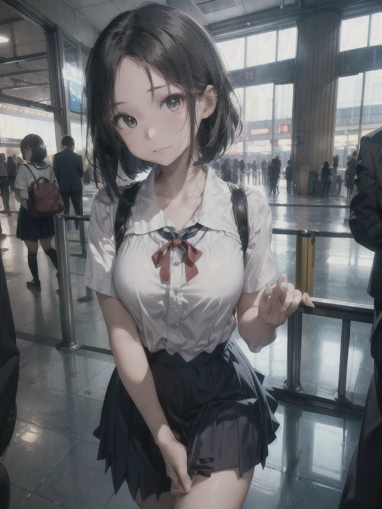 ((Best of the highest quality, 8k, Masterpiece, raw photo: 1.1)), (Sharp focus: 1.1), (1 AESPA, slim body type female, 22 y/o: 1.1), solo, Portrait Waist Up, (realistic, photo-realistic:1.37), face focus, finely small eyes, (forehead, short bob hair: 1.32), (sharp chin, droopy eyes: 1.32), (sad eyes: 1.1), (Emphasize prominent aegyo-sal with bright: 1.28), shimmering eyeshadow applied under the lower lash line, paired with thick, (small breasts, flat chest, thigh: 1.2), (short bob hair: 1.2), (school uniform, ribbon: 1.28), walking airport terminal, flower, anime