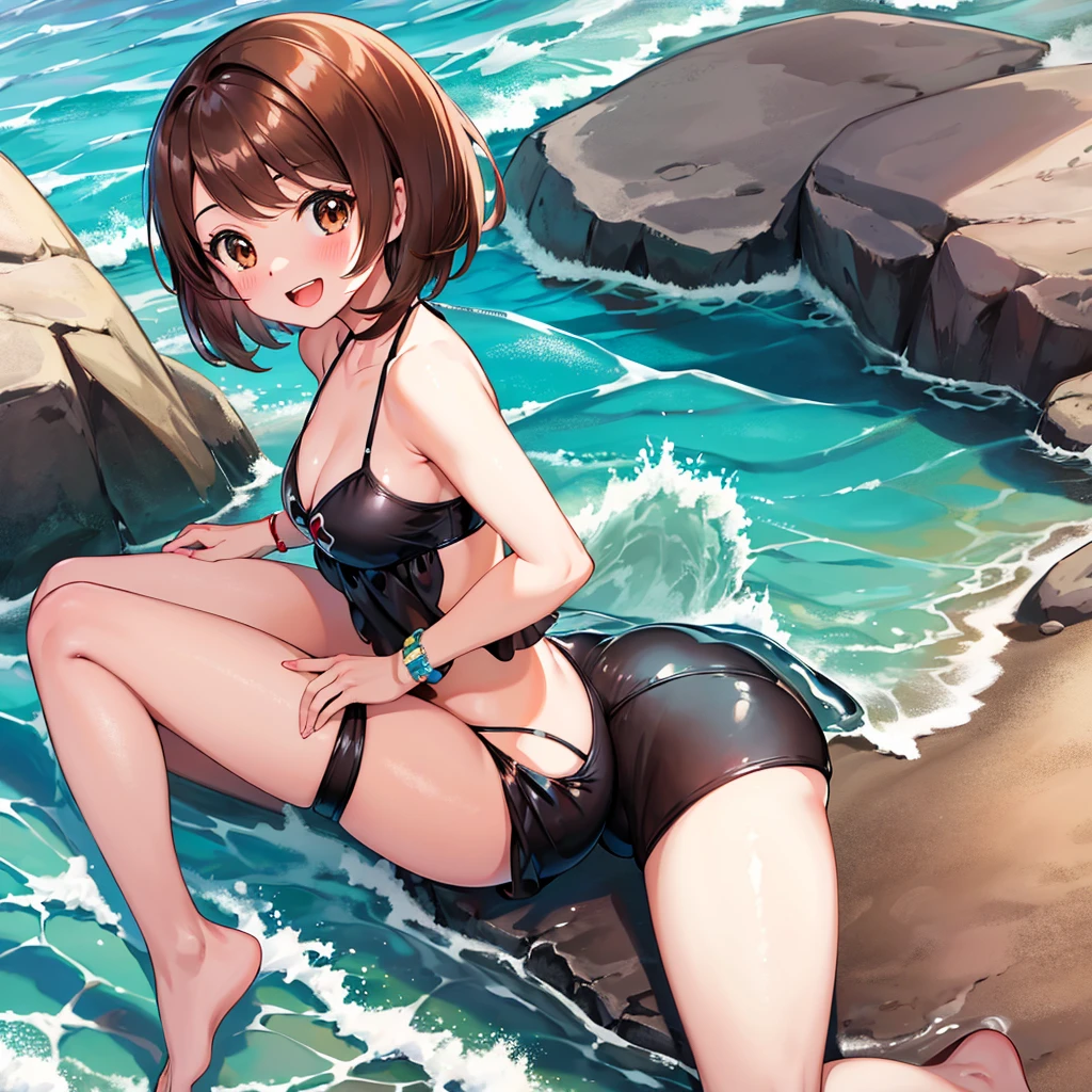 masterpiece, Highest quality, High resolution, Gloria1, 1 Girl, Gloria\(Pokémon\), Brown Hair, , Brown Eyes, , Short Hair, , Bobcut, bangs, , 　１Describe a girl carefully　１Girl　smile　blush　Open Mouth　blush　beach　Ocean　Sexy Bikini