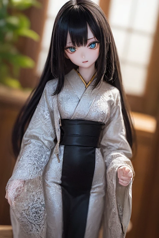(SFW:2), photorealistic, realistic photo, ((highest quality)), ((masterpiece)), ((extremely detailed)), kukolnydom, doll, (mature woman, 20yo, 20 years old:1.6), solo, ((cowboy shot, standing, skinny, slender, slim, kimono, obi, hair ornament)), green eyes, parted lips, (black hair, long hair, looking at another, blank eyes, empty eyes, detailed eyes, detailed clothes:1.3), Japanese garden, 8k