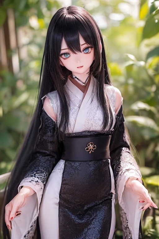 (SFW:2), photorealistic, realistic photo, ((highest quality)), ((masterpiece)), ((extremely detailed)), kukolnydom, doll, (mature woman, 20yo, 20 years old:1.6), solo, ((cowboy shot, standing, skinny, slender, slim, kimono, obi, hair ornament)), green eyes, parted lips, (black hair, long hair, looking at another, blank eyes, empty eyes, detailed eyes, detailed clothes:1.3), Japanese garden, 8k