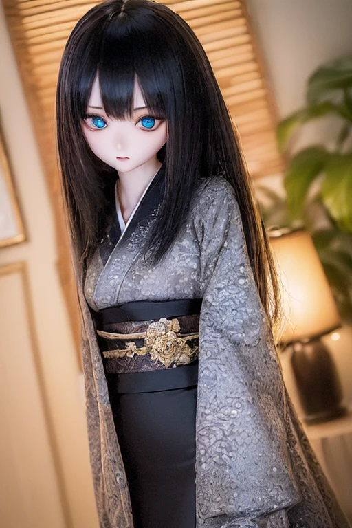 (SFW:2), photorealistic, realistic photo, ((highest quality)), ((masterpiece)), ((extremely detailed)), kukolnydom, doll, (mature woman, 20yo, 20 years old:1.6), solo, ((cowboy shot, standing, skinny, slender, slim, kimono, obi, hair ornament)), green eyes, parted lips, (black hair, long hair, looking at another, blank eyes, empty eyes, detailed eyes, detailed clothes:1.3), Japanese garden, 8k