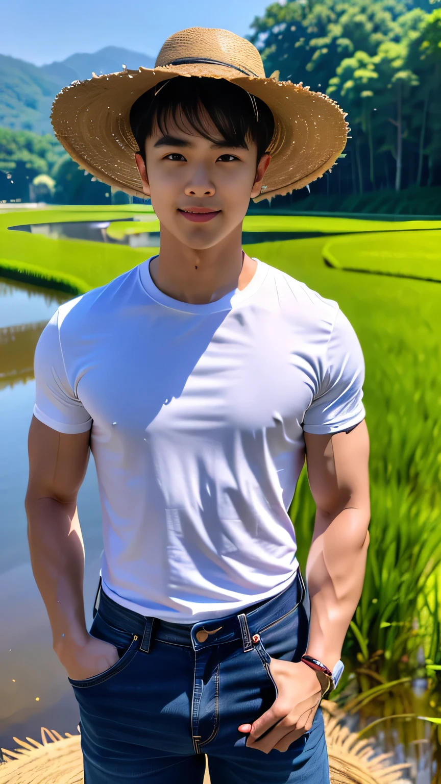 1 man, smile, (Wear a white round neck shirt., short sleeve shirt ยี่ห้อ under armor), (Jeans), (Korean guy) , korean men, (Lifelike lighting), chest muscles, Big arm muscles, blood vessel, big muscles, Broad shoulders, looking at the audience, Balancing the eyeake eye contact), (rice paddies), (ทุ่งrice paddies) , sit in the shade ,holding ears of rice, Put on a hat.