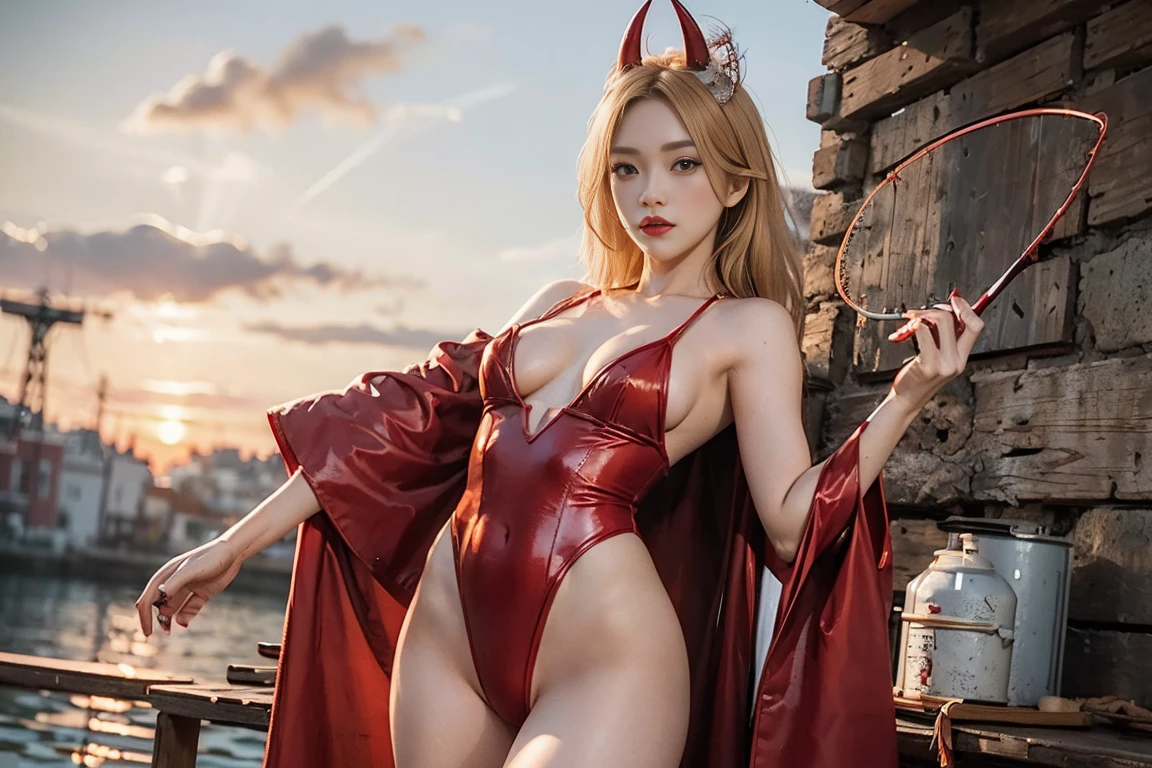 Beautiful woman dressed in red bunny costume, detailed body, long and blond hair, red horns, flat yeast, fishing net, cowboy shot