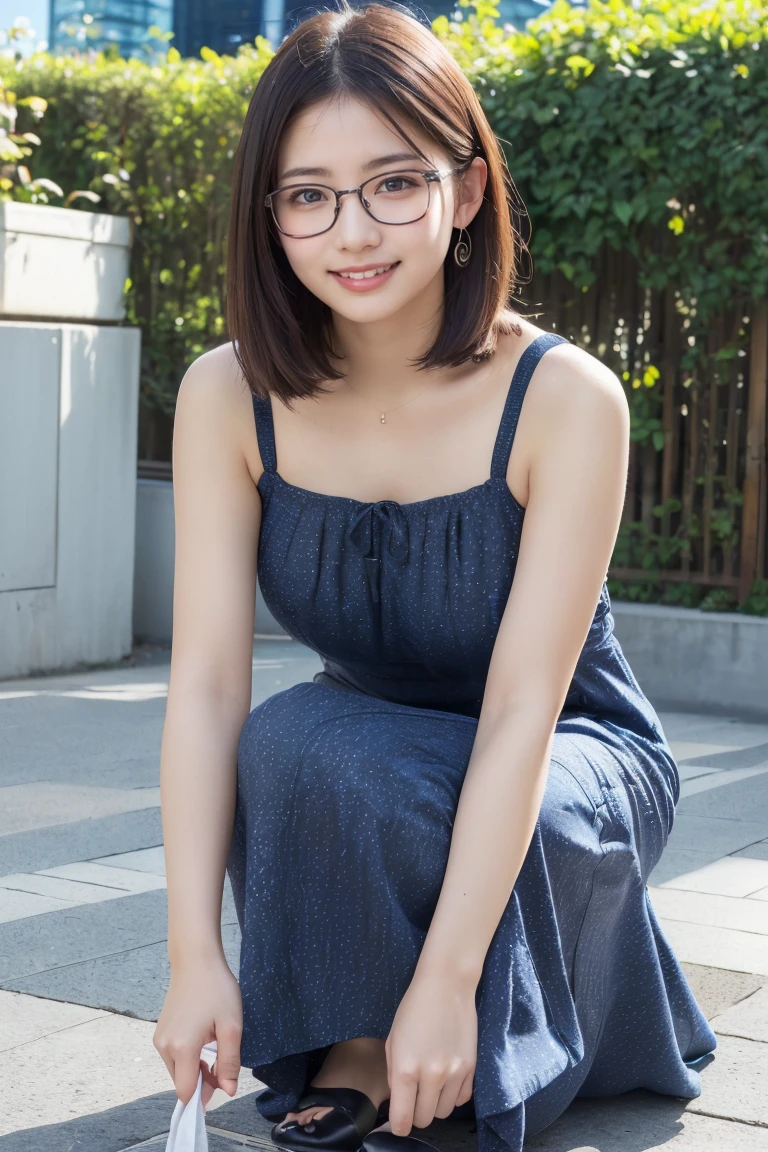 ((High-resolution images, Realistic eye size, Realistic Skin, Droopy eyes, smile, (Mr.々A feminine casual long dress with a simple pattern), (Crouching, Self-pleasure, Very detailed), Strong sunlight, Old Fashion, skyscraper, bag, Glasses,