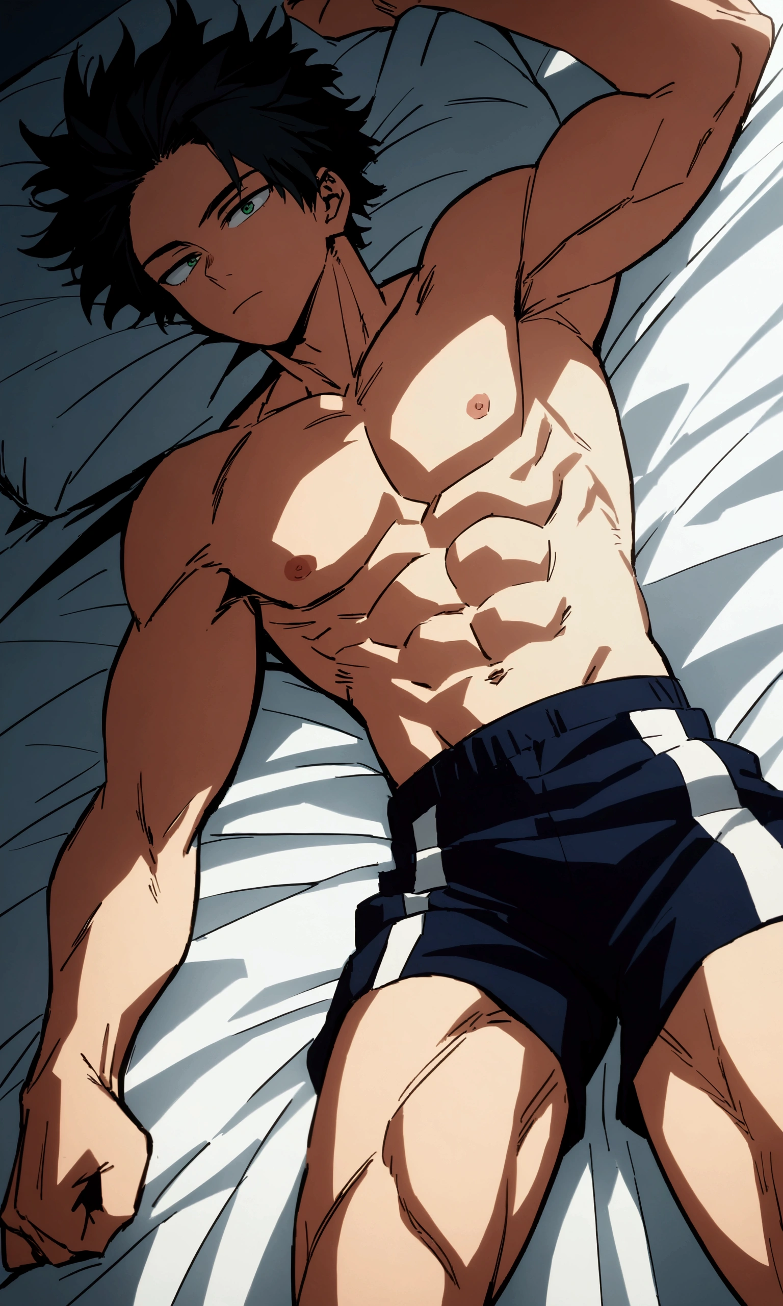  He is a 17 year old teenager, He has slightly disheveled very black hair..., somewhat light green eyes, , muscular body , sexy face, He is dressed in the anime uniform. "my hero academia", without the shirt, just with boxer shorts, flexing your muscles, lying on a bed 