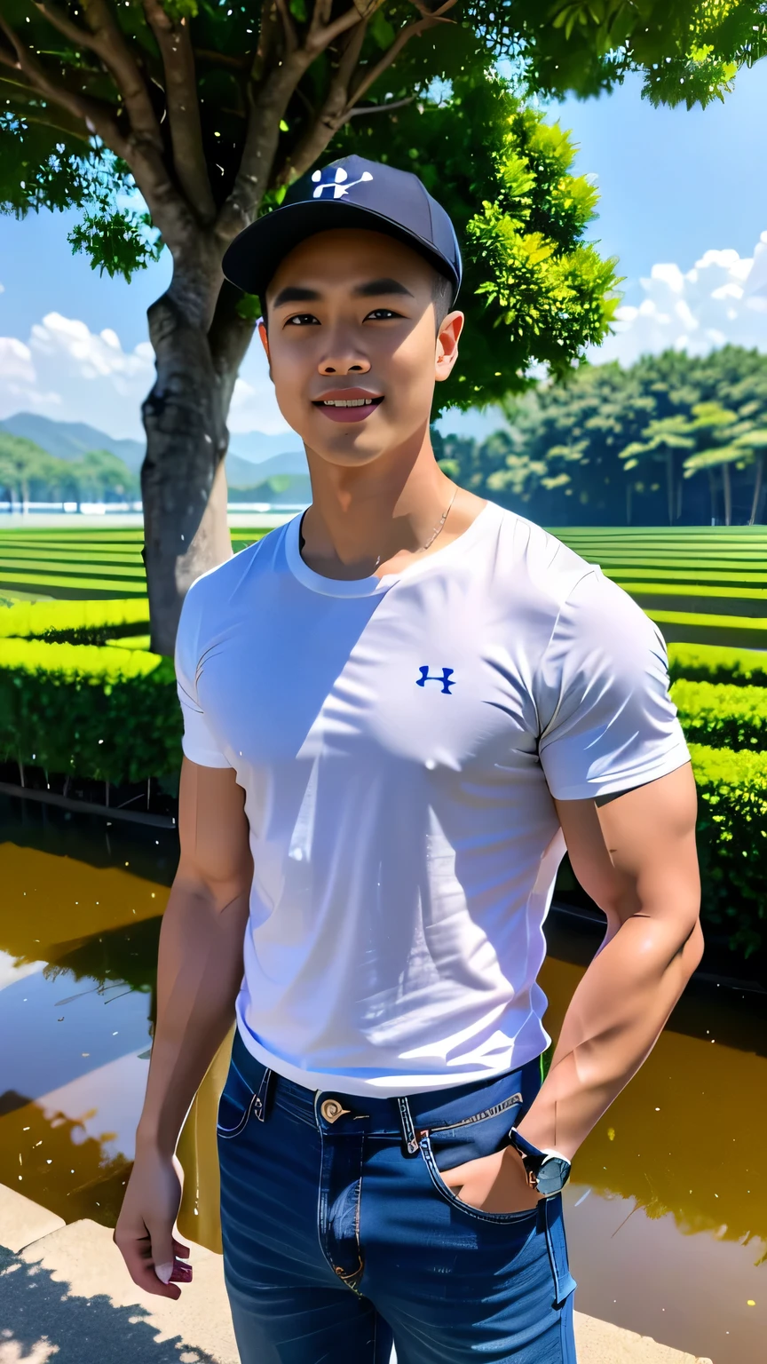 1 man, smile, (Wear a white round neck shirt., short sleeve shirt ยี่ห้อ under armor), (Jeans), (Korean guy) , korean men, (Lifelike lighting), chest muscles, Big arm muscles, blood vessel, big muscles, Broad shoulders, looking at the audience, Balancing the eyeake eye contact), (rice paddies), (ทุ่งrice paddies) , sit in the shade ,holding ears of rice, Put on a hat.