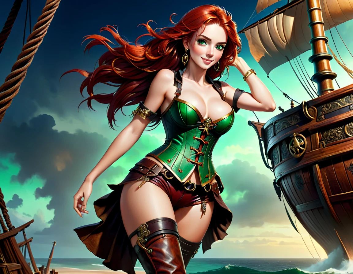 (Artwork), best quality, expressive eyes, perfect face, (pirate ship background), (standing), (smug smile), (close up view), (1 girl, freckled skin, glowing skin, red hair, green eyes, hourglass figure, thin body, skinny body, petite_body, medium breasts, thick thighs, long nails, hoop earrings, bare breasts, black leather corset below the breasts, brown leather shorts, brown boots, cleaver sword sheathed, flintlock pistol in holster, hoop earrings, miscellaneous jewelry) thong straps
