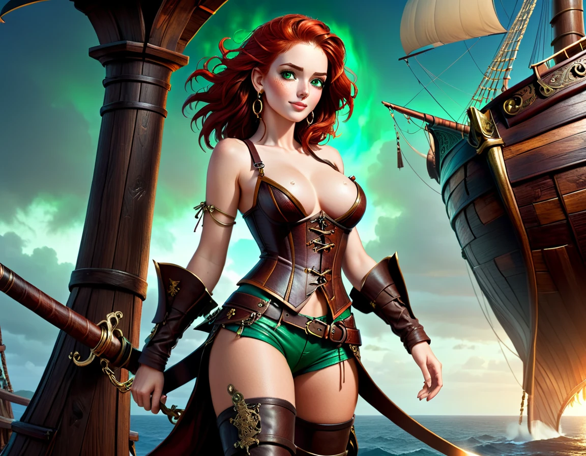 (Artwork), best quality, expressive eyes, perfect face, (pirate ship background), (standing), (smug smile), (close up view), (1 girl, freckled skin, glowing skin, red hair, green eyes, hourglass figure, thin body, skinny body, petite_body, medium breasts, thick thighs, long nails, hoop earrings, bare breasts, black leather corset below the breasts, brown leather shorts, brown boots, cleaver sword sheathed, flintlock pistol in holster, hoop earrings, miscellaneous jewelry) thong straps
