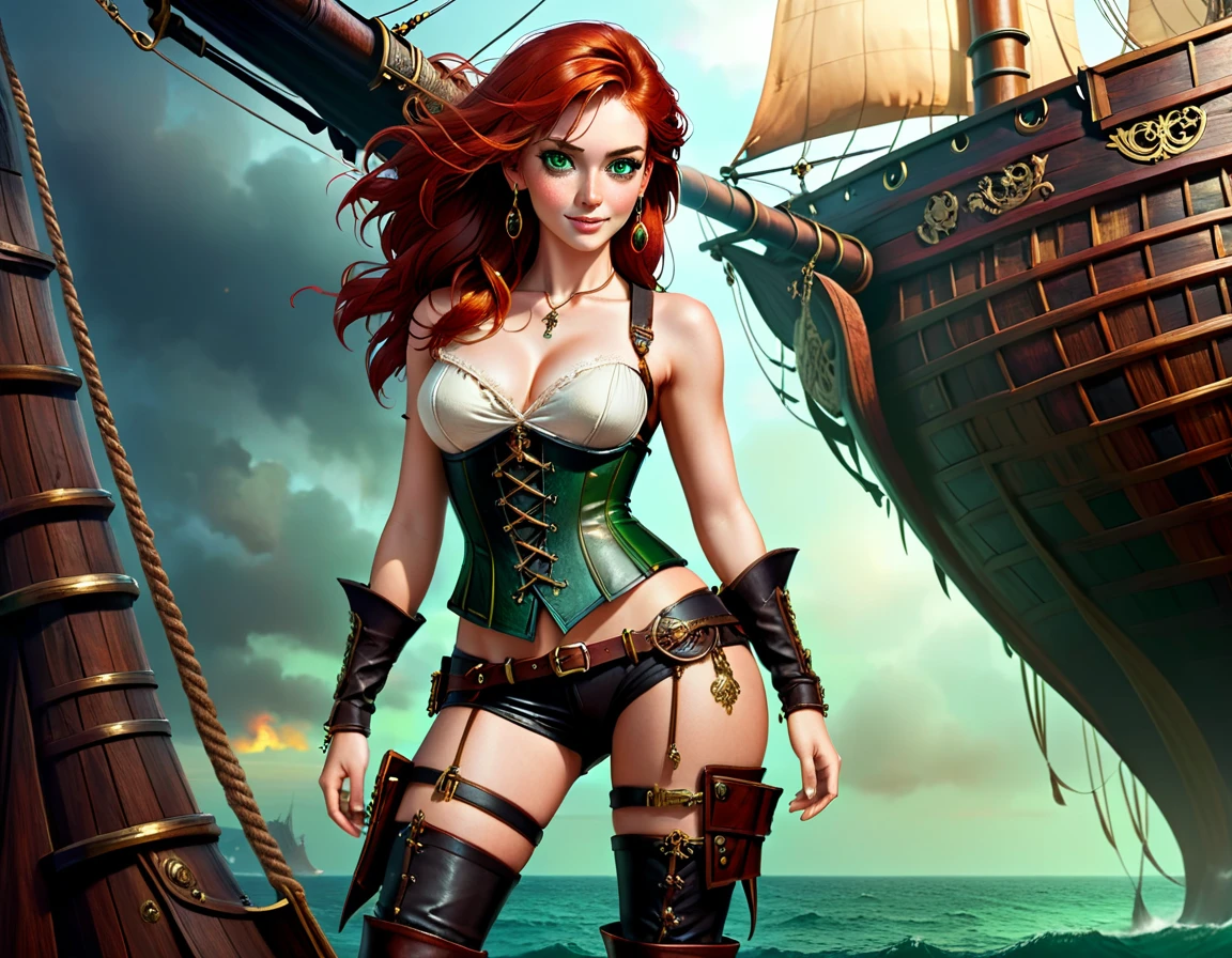 (Artwork), best quality, expressive eyes, perfect face, (pirate ship background), (standing), (smug smile), (close up view), (1 girl, freckled skin, glowing skin, red hair, green eyes, hourglass figure, thin body, skinny body, petite_body, medium breasts, thick thighs, long nails, hoop earrings, bare breasts, black leather corset below the breasts, brown leather shorts, brown boots, cleaver sword sheathed, flintlock pistol in holster, hoop earrings, miscellaneous jewelry) thong straps
