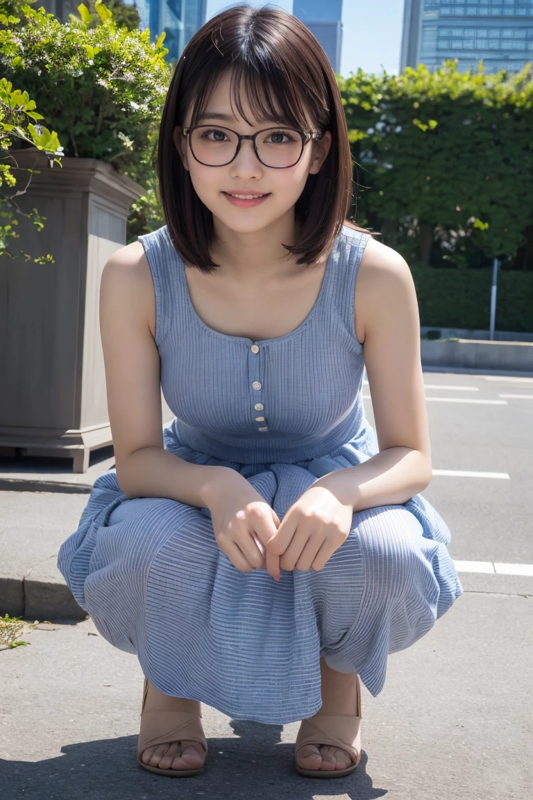 ((High-resolution images, Realistic eye size, Realistic Skin, Droopy eyes, smile, (Mr.々A feminine casual long dress with a simple pattern), (Crouching, Self-pleasure, Very detailed), Strong sunlight, Old Fashion, skyscraper, bag, Glasses,