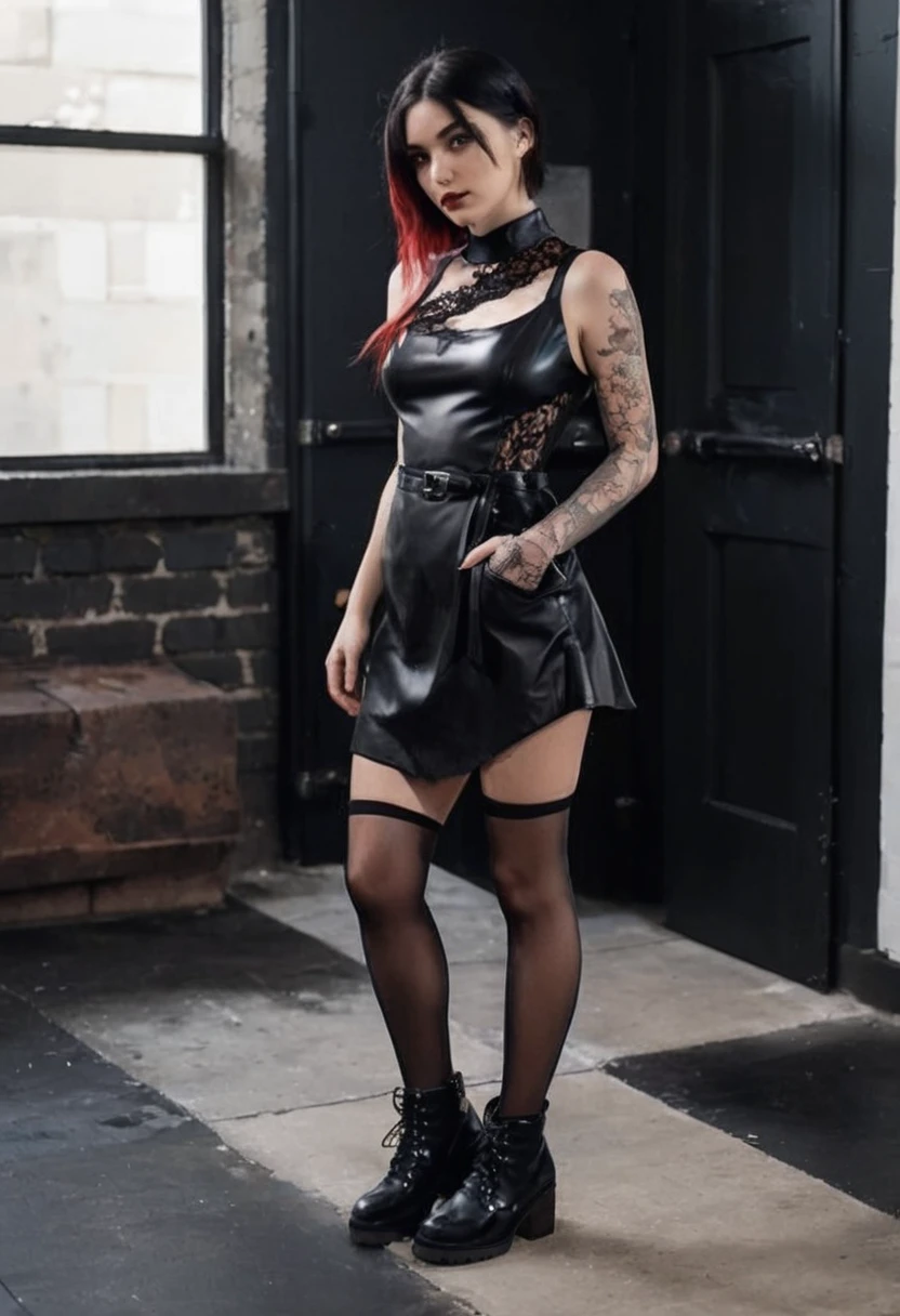 A woman wearing a red leather and black lace dress. Short, one-piece dress. with black belt. Work clothes outfit. Sleeveless. Asymmetrical hem.  One side bare shoulder. Strappy shoulder. Deep dark red leather . Over knee non-matching socks. Black ankle boots. Square block heel. Hair dyed black and blue 