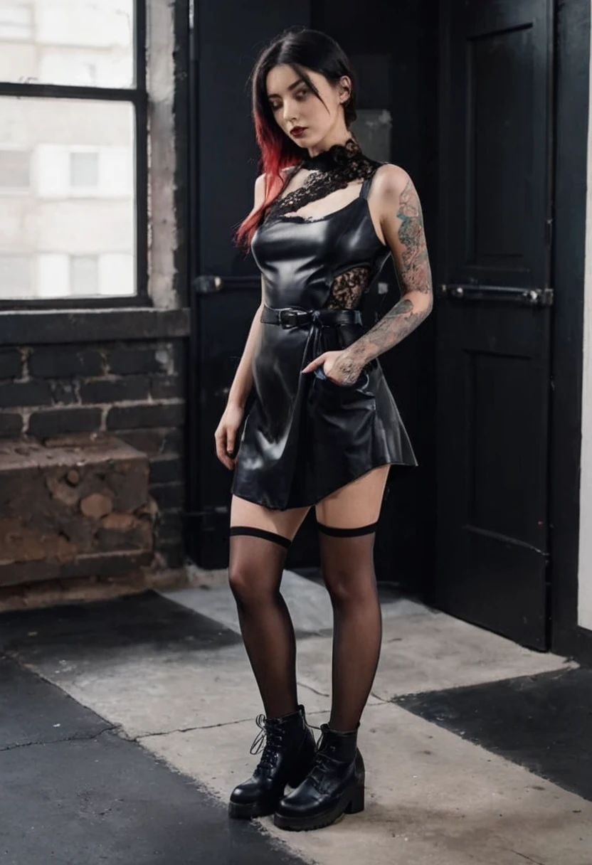 A woman wearing a red leather and black lace dress. Short, one-piece dress. with black belt. Work clothes outfit. Sleeveless. Asymmetrical hem. One side bare shoulder. Strappy shoulder. Deep dark red leather . Over knee non-matching socks. Black ankle boots. Square block heel. Hair dyed black and blue