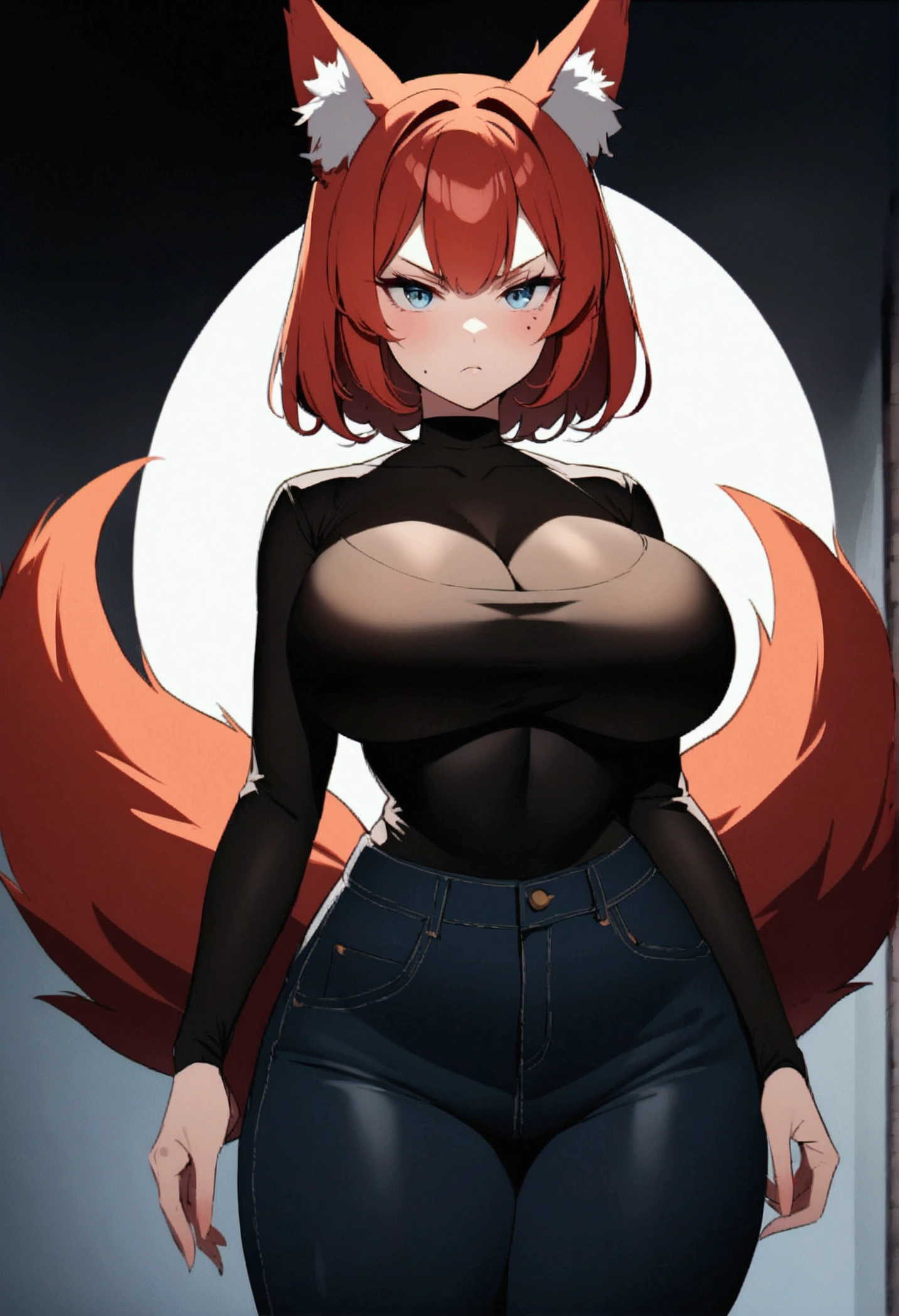 Create an image of a woman with red hair, she also has red fox ears, and several fox tails, she has a tight long-sleeved shirt on her huge breasts, her dark jeans tight on her big ass she has blue eyes, And a serious face, She has a small brown mole on the left side of her face near her chin, make her look more serious
