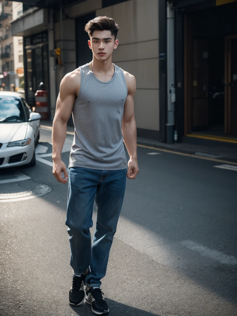male, 20-year-old boy, Iris, Slickback, Sleeveless clothing, Full body photo, Turn your head towards the camera, parking, building, Tank top showing muscles,dance,High resolution, masterpiece, Highest quality, Very detailed, Ultra high definition, Textured skin, 
