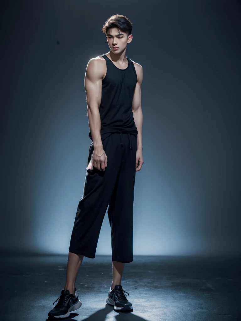 male, 20-year-old boy, Iris, Slickback, Sleeveless clothing, Full body photo, Turn your head towards the camera, parking, building, Tank top showing muscles,dance,High resolution, masterpiece, Highest quality, Very detailed, Ultra high definition, Textured skin, 