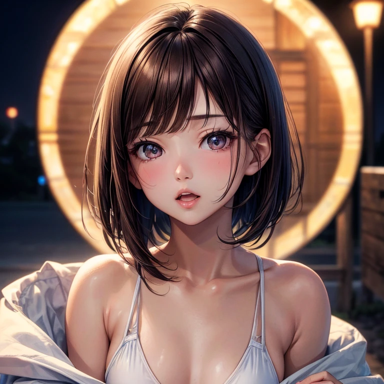 Short hair outdoor fair skin disheveled hair open mouth japanese woman, Super cute, soft face, brown hair, 8K resolution, Surreal, Ultra-clear, Soft body toned ass night, A small cup ((Highest definition, 8k, masterpiece: 1.3)), Ultra-clear Face, Ultra-clear Lips, beautiful eyes, double eyelids
