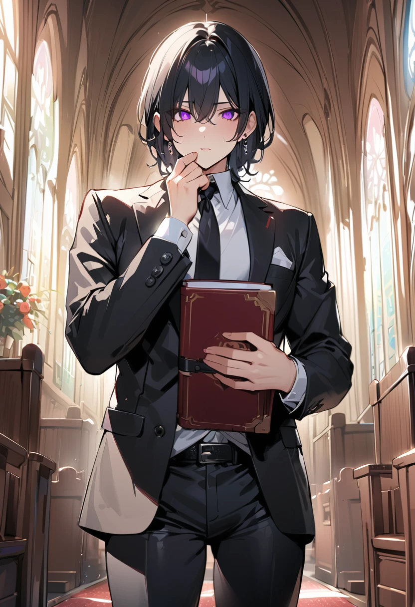 (masterpiece),(Highest quality),(Very detailed),High resolution,High level of detail and quality, 8k Ultra HD, Full body image,from the front,(clothing:Black Suit、Black Pants、White Shirt、black tie、Large black earrings) Beautiful man standing in church、Hollow and somewhat scary eyes、Androgynous face with purple eyes, black hair and bangs down,(Close-up),,Right hand covering entire mouth、Left hand holding a book、dark,2D Animation