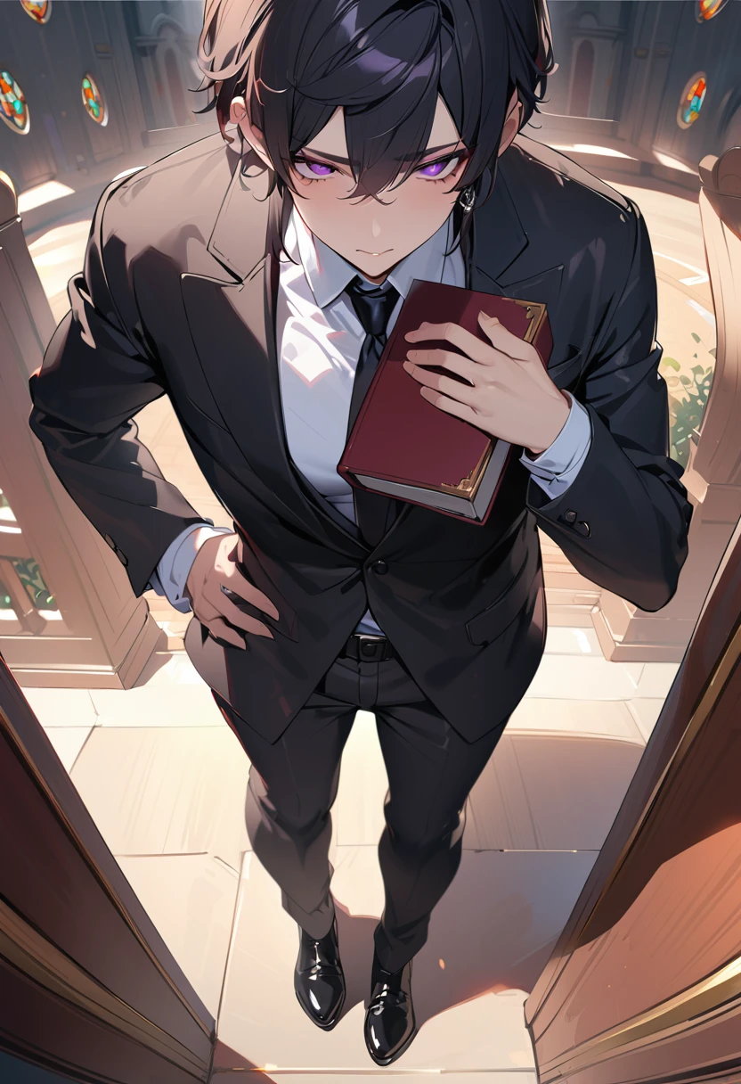 (masterpiece),(Highest quality),(Very detailed),High resolution,High level of detail and quality, 8k Ultra HD, Full body image,from the front,(clothing:Black Suit、Black Pants、White Shirt、black tie、Large black earrings) Beautiful man standing in church、Hollow and somewhat scary eyes、Androgynous face with purple eyes, black hair and bangs down,(Close-up),,Right hand covering entire mouth、Left hand holding a book、dark,2D Animation