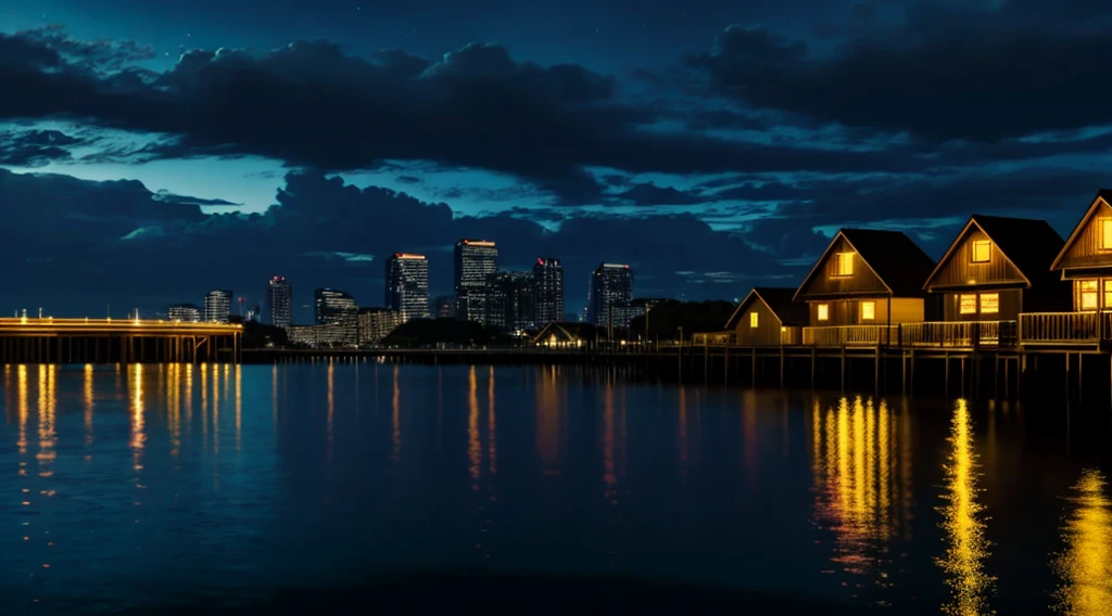 A serene nighttime waterfront scene featuring a row of charming buildings with brightly lit windows reflecting on the calm water. The foreground consists of a wooden boardwalk extending along the left side of the image, leading towards the brightly illuminated buildings. The buildings vary in color, with hues of white, blue, and yellow, and are nestled at the base of dark, forested mountains. The sky is a mix of deep blues and dark clouds, with a hint of orange glow near the horizon, suggesting distant city lights or the last remnants of sunset. The water is smooth, reflecting the lights from the buildings and the faint colors of the sky. In the distance, the mountains loom large, adding a sense of tranquility and isolation to the scene.