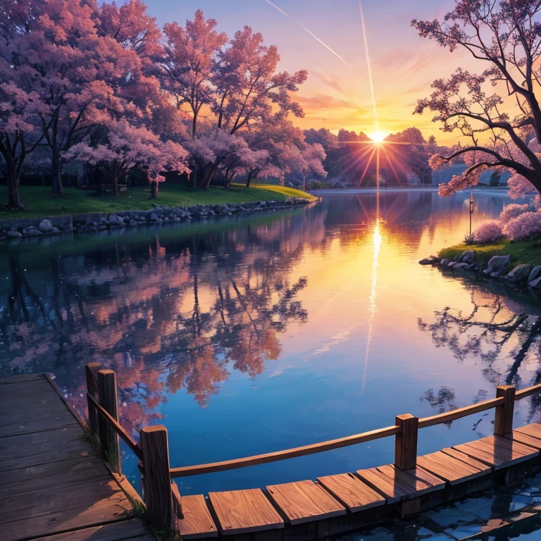 Sunset, Cartoon, lake, Cherry tree
