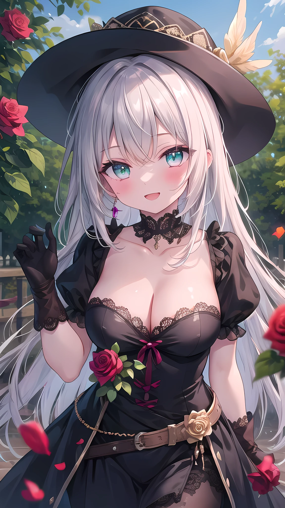 (8k, best quality, master piece: 1.2),super high resolution,1 girl, solo, colorshift eyes, hyperdetailed, expressive eyes, ultra-detailed face,　Renaissance fair costume, Velvet, lace, Purple, gold, Feathered hat, gloves, silver gray hair, Rose garden, Red, green, pink, Bright, romantic, Ecstatic expression, Collarbone, cleavage, cowboy shot