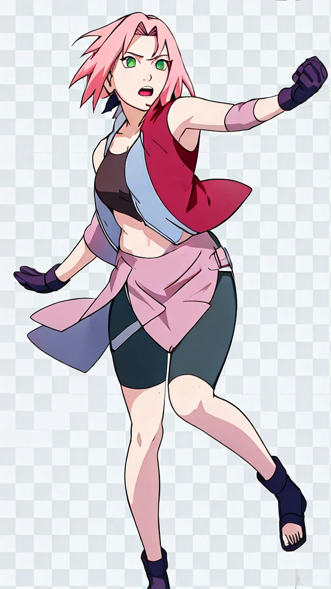 Sakura Haruno, Sakura Shippuden, open shirt,Unbuttoned, Split in the middle of the shirt, Sleeveless, Masterpiece, 1 woman, green eyes, condescending, elbow covers, black gloves, full body