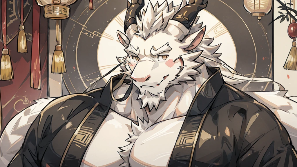 (white eastern dragon),furry,white mustache,big pecs,hearty males,muscular,black imperial robe,naked,adult,traditional_chinese_room,head portrait,hypnosis