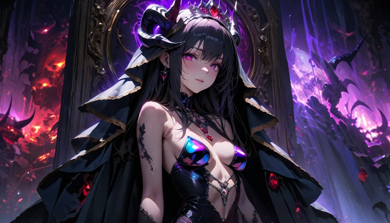 masterpiece, Best quality, 1 girl,photo, Studio photography, from the waist up, upper body, Shoulders back, long hair covers shoulders, headband with black roses and veil, tiara of bloodstones and rubies with black metal, pale-skinned woman with a seductive expression, iridescent skin, Succubus, Twisted Horns, on a throne of stone spikes in the underworld, underworld, afterlife, Surrounded by demons, dark atmosphere, purple lighting, light rays, skull, iridescent scepter, the evening Mediterranean light casts a warm glow on her porcelain skin., High-resolution image, digital painting, Spiritual peace, golden ratio composition, cowboy shot, brilliant, brilliant hair, (night:1.2),Dreamy, [[gentle fingers and hands:0.55]::0.85],(detailed fingers),),(emotional),(breathtaking),(main part:1.2) whole body.), (Anime Style), (Super Detailed), (brutal), (uhd, HDR), (8k), (High Resolution: 1.2), (Complex and Beautiful: 1.2)