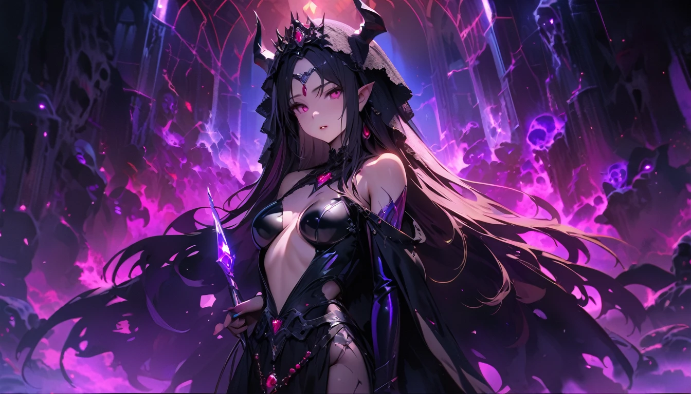 masterpiece, Best quality, 1 girl,photo, Studio photography, from the waist up, upper body, Shoulders back, long hair covers shoulders, headband with black roses and veil, tiara of bloodstones and rubies with black metal, pale-skinned woman with a seductive expression, iridescent skin, Succubus, Twisted Horns, on a throne of stone spikes in the underworld, underworld, afterlife, Surrounded by demons, dark atmosphere, purple lighting, light rays, skull, iridescent scepter, the evening Mediterranean light casts a warm glow on her porcelain skin., High-resolution image, digital painting, Spiritual peace, golden ratio composition, cowboy shot, brilliant, brilliant hair, (night:1.2),Dreamy, [[gentle fingers and hands:0.55]::0.85],(detailed fingers),),(emotional),(breathtaking),(main part:1.2) whole body.), (Anime Style), (Super Detailed), (brutal), (uhd, HDR), (8k), (High Resolution: 1.2), (Complex and Beautiful: 1.2)